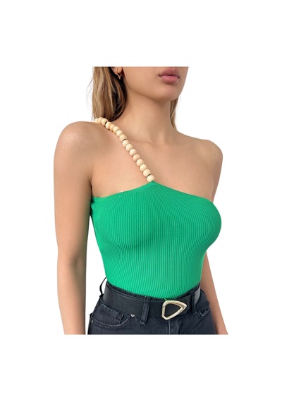 Ahşap Boncuk Detaylı Bluz-yeşil
