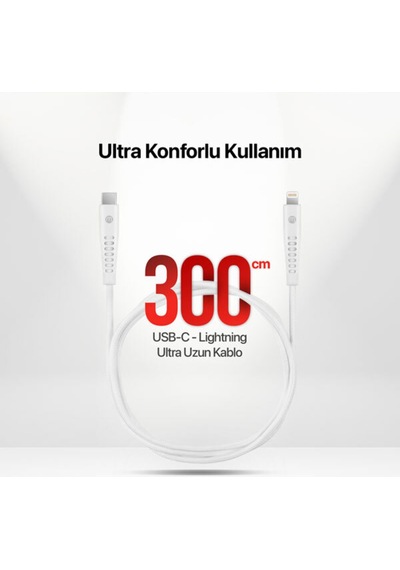 Mojue 3A/27W Hızlı Şarj Destekli Ekstra Dayanıklı 300 CM USB-C -Apple Uyumlu iPhone Lightning Şarj Kablosu