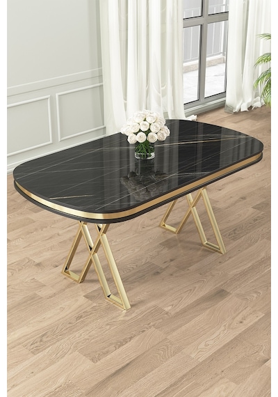 Canisa Zae Serisi 90x168 Lak Panel Sabit Gold Ayak Siyah Mermer Desen Masa Beyaz Canisa Zae Serisi 90x168 Lak Panel Sabit Gold Ayak Siyah Mermer Desen Masa Beyaz