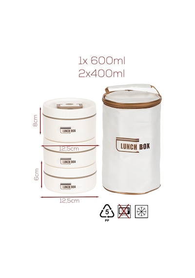 Porsima 25013 Vakumlu 3 Parça Çelik Lunch Box Sefer Tası Çantalı Krem