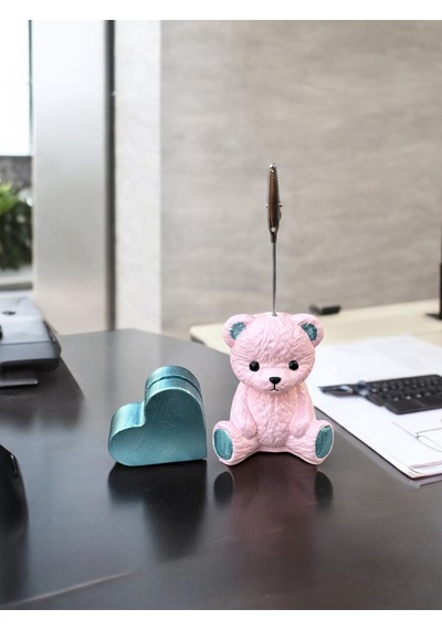 Pembe Ayıcık Ve Kalpli Kart Tutucu Fotoğraf Not Tutucu Ofis Masası Tutacak Hediyelik Pembe