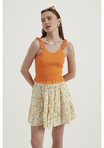 Hiccup V Yaka Fermuarlı Crop Top Turuncu