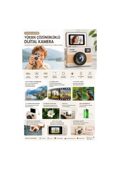 48mp 4k Mini Dijital Fotoğraf Makinesi 2.4'' Döner Selfie Ekranı Otomatik Odaklama Led Flaş Şarj Edilebilir Siyah - 913421808