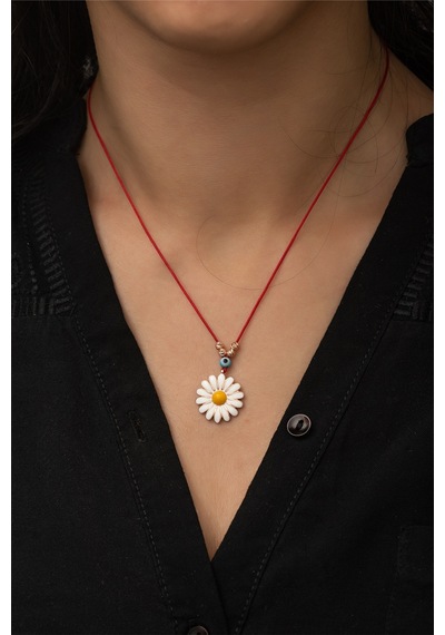 Papatya Silver Kırmızı İpli Mineli Paptya Kolye - Nazarlı ve Dorica Toplu Rose Gold Kaplama 925 Ayar Gümüş Büyük Boy Kolye - UVPS100244