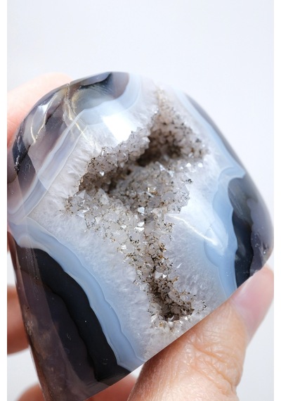 Ametist Akik Serbest Form, Tamamen Cilalanmış Parıldayan Druzy Cep & Bantlı Oniks Akik, 153g