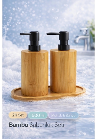 Buççin Online Mağaza 2li Bambu Sabunluk Seti Hands Dishes Mutfak Banyo Sıvı Sabunluk 500ml Doğal Bambu Stantlı Retro Set Çok Renkli