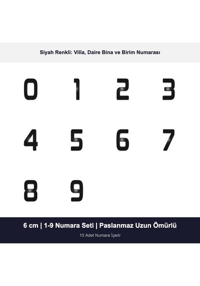 6 Cm Boyutunda 0-9 Arası 10 Adet Siyah Epoksi Kendinden Yapışkanlı Villa Daire Birim Numarası Seti