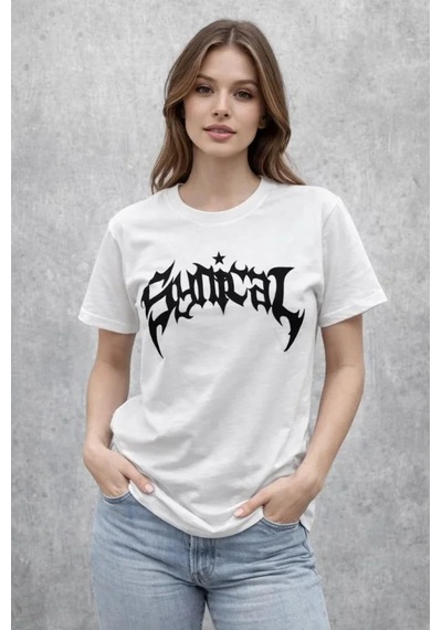 De'charme Bisiklet Yaka Ön Baskılı Kısa Kollu Tişört Streetwear Günlük Basic Pamuklu T-shirt - Beyaz