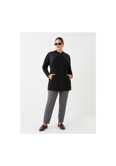 Onno Style Women Omzu Kapitoneli Çelik Örgü Fermuarlı Triko Kadın Ceket Siyah