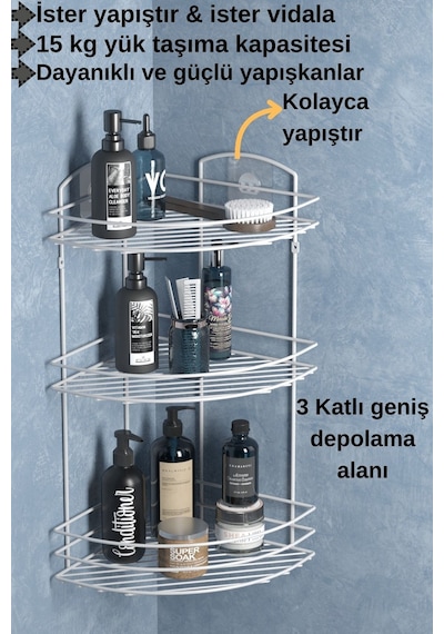 Teknotel Banyo Düzenleyici Şampuanlık Sabunluk 3 Katlı Yapışkanlı Banyo Duş Rafı Beyaz St033 Siyah