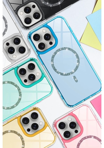 Apple  Uyumlu  iPhone 15 Pro Max Live Diamond Magsafe Kapak Mavi