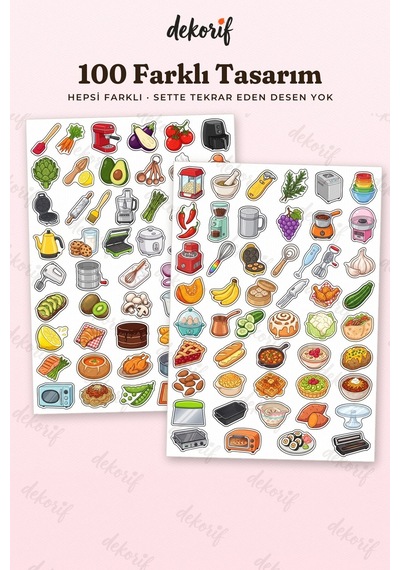 Renkli Mutfak Sticker Seti 100 Adet - Gereçleri Tarif Malzemeleri Ajanda Journal Defter Çıkartma Çok Renkli
