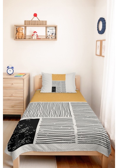Sarı Geometrik Genç Odası Tek Kişilik Pike Takımı - Siyah Çizgili 160x220 Cm Kapitone Yatak Örtüsü Killi Meltem Kıyısı