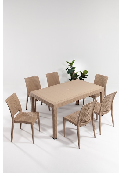 Sandalie Rattan Large Cappucino Masa Takımı Bahçe & Balkon 1 Masa + 6 Sandalye Kahverengi
