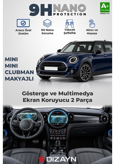 S-dizayn Mini Clubman Makyajlı Dijital Göstergeli Ve Navigasyonlu 9h Nano Gösterge Ve Multimedya Ekran Koruyucu 2'li Set Parlak 2019-2024 A+ Kalite