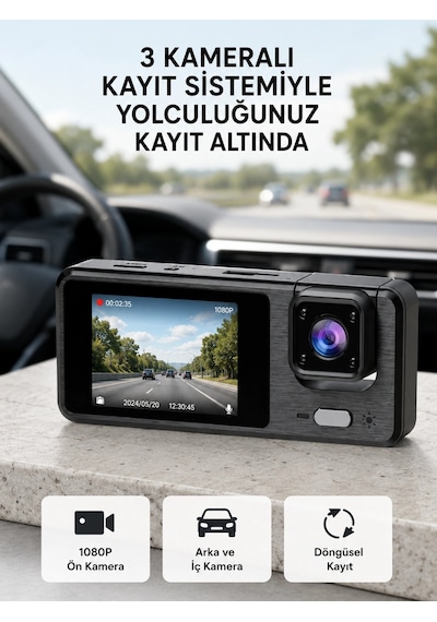 Park Modlu 3 Kameralı Araç Kayıt Cihazı 1080p Ön Kamera 2 Ekran Najmaddin