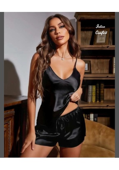 Intive Comfort Siyah Saten Danteli Detaylı Mini Büstiyer Şort Takım-pijama Takımı
