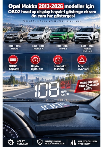 Opel Mokka 2013-2026 Modeller İçin Obd2 Head Up Display Hayalet Gösterge Ekranı Ön Cam Hız Göstergesi