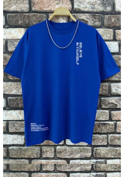 Erkek Belive İn Yourself Baskılı Oversize Tshirt Mavi