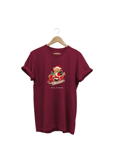 Christmas Baskılı Sevimli Ayıcık Yılbaşı Noel %100 Pamuk Regular Fit Bisiklet Yaka T-shirt Bordo