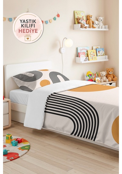Geometrik Hardal Genç Odası Tek Kişilik Pike Takımı - Modern Siyah 160x220 Cm Kapitone Yatak Örtüsü Keten Eşik Kırıntısı