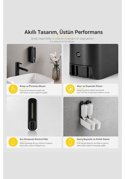 Duvara Monte Sıvı Sabunluk Manuel Dispenser Mutfak Deterjan Şampuan Duş Jel Organizer 22 Cm Siyah