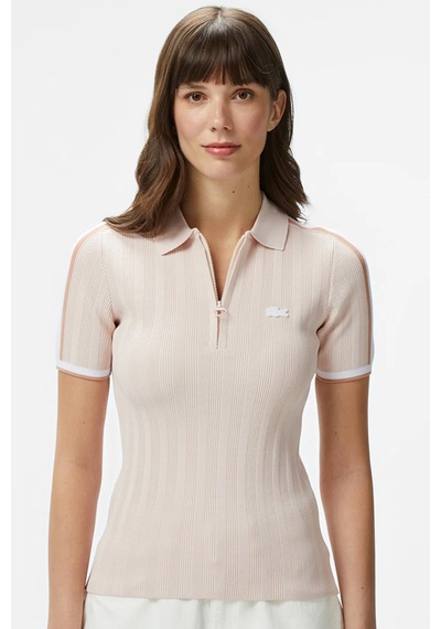Lacoste Slim Fit Kısa Kollu Yarım Fermuarlı Polo Yaka Full Likralı Triko Tişört Pudra Pembe Pembe