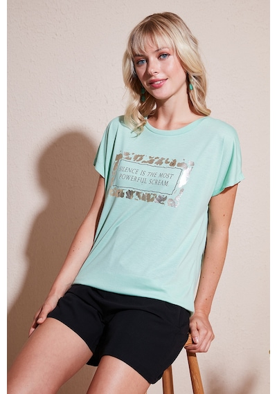 Lela Baskılı Bisiklet Yaka Regular Fit Bayan T Shirt 6671007 Mint