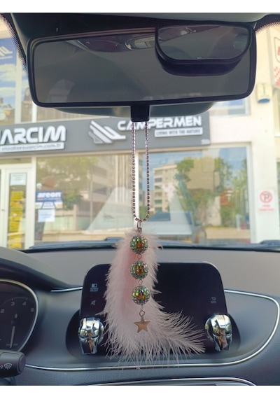 Disko Toplu Metal Yıldız Dikiz Ayna Süsü Pudra Pembe Tüylü Renk