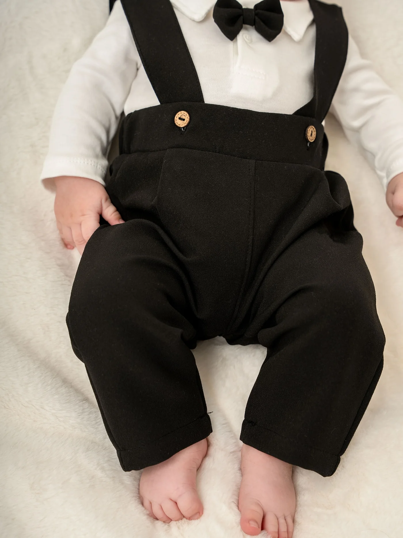 Momercy Chic Kürklü Papyonlu Erkek Bebek 3'lü Tulum Salopet Takım Siyah