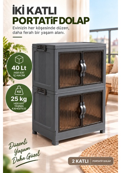 Evonıta 2 Katlı Portatif Dolap 80 Lt Geniş Hacimli Çok Amaçlı Organizer 49x30x59 Cm Gri