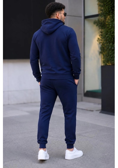 Moda Erkek İki İplik Kapüşonlu Kanguru Cepli Sweatshirt Jogger Pantolon Alt Üst Eşofman Takımı - Lacivert Çok Renkli