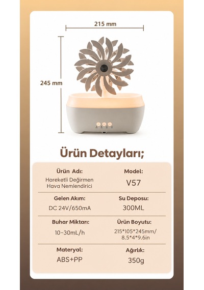 Değirmen Hava Nemlendirici Aroma Difüzörü Aromaterapi Rgb Ledli Buhar Makinesi