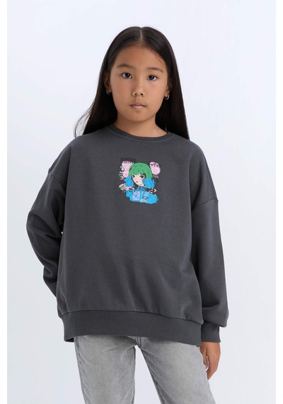 DeFacto Kız Çocuk Relax Fit Bisiklet Yaka Baskılı Sweatshirt D6495A8NSAR15 Antrasit