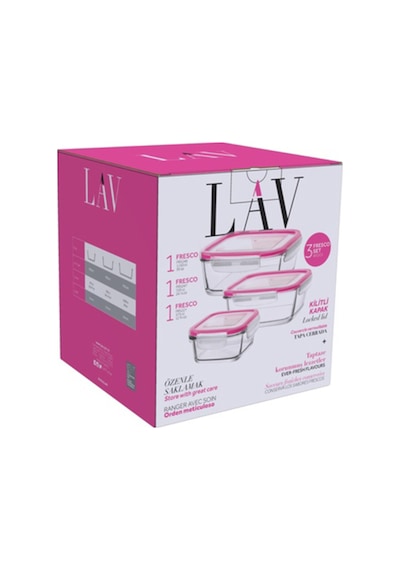 Lav Fresco Cam Saklama Kabı Seti 3'lü Pembe Kilitli Kapak (1 Küçük, 1 Orta, 1 Büyük Saklama Kabı)