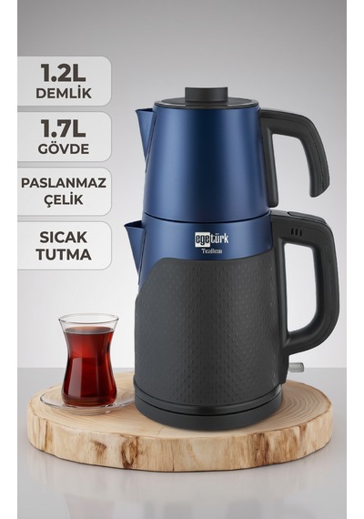 Egetürk Coverlı Elektrikli Çay Makinesi, Çaycı 2000w 1.7l Su Isıtıcı 1.2l Demlik Paslanmaz Çelik Mavi