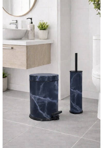 Lacivert Mermer Desenli 2'li Banyo Seti - Metal Çöp Kovası 3 Lt Ve Wc Fırçası Takımı Lacivert