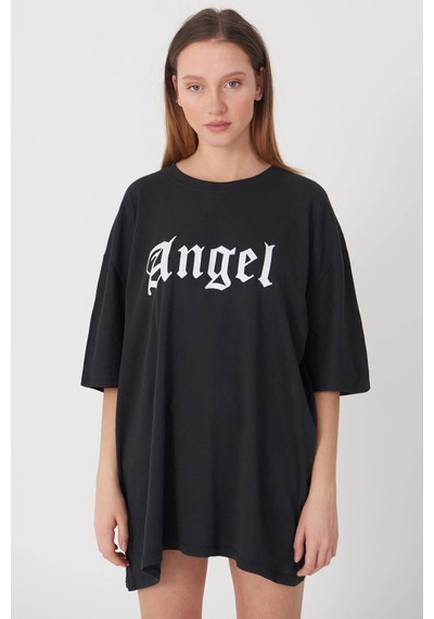 Blackjack Giyim Kadın Siyah Oversize Angel Tshirt Siyah