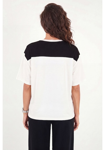 Lela Rahat Kalıp Bisiklet Yaka Omuz Şal Detaylı T Shirt Bayan T Shirt 5867044 Ekru-siyah