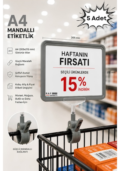 5 Adet - A4 Mandallı Fiyatlık Etiketlik Sepet Raf Askılık Fiyat Etiketi Çerçeveli Market Mağaza Gri