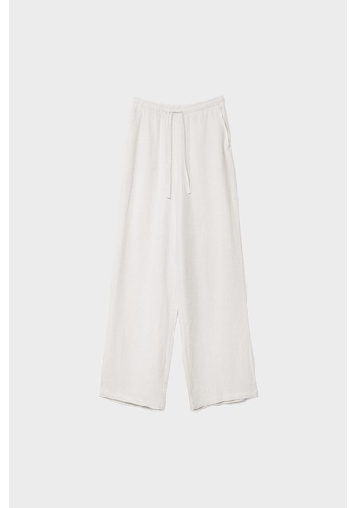 Trendy Mall Sofya Keten Bol Kesim Pantolon Beyaz Beyaz
