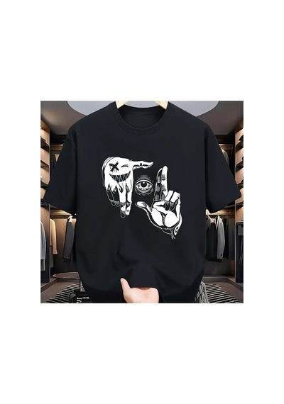 Caddemia Yaz  Rahat Gevşek Artı Boyutu Jest Göz Kişiselleştirilmiş Desen Baskılı Siyah 2XL