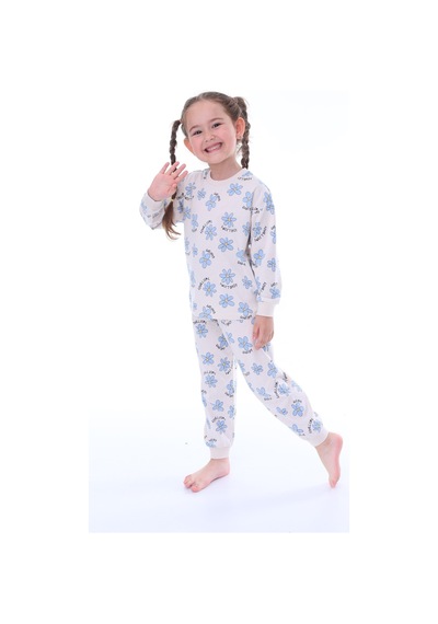 %100 Pamuk Çiçek Desenli Uzun Kollu Kız Çocuk Pijama Takımı 3,4,5,6,7,8 Yaş Mavi