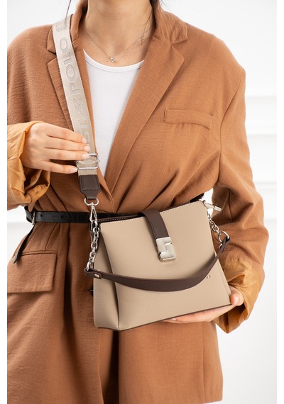 Just Polo Kadın Polo Kumaş Jp Gümüş Logolu Şık El Ve Omuz Çantası Shoulder Bag Ebat: 23 X 18 Cm Vizon - Kahverengi