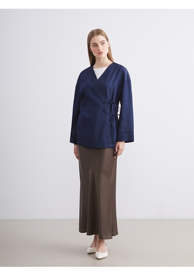 Lcw Modest İndigo Kruvaze Yaka Kadın Kimono