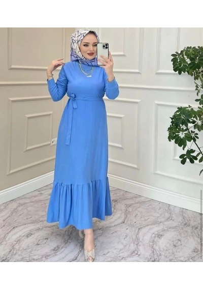 Lovie Moda Kadın Eteği Volanlı Elbise Mavi