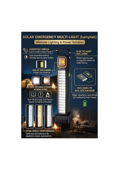 Kamptek Güneş Enerjili 5 Fonksiyonlu Şarj Edilebilir Led Kamp Lambası Ve El Feneri - Standlı Işıldak Uzun Süreli Kullanım Fener Siyah Kamptek Güneş Enerjili 5 Fonksiyonlu Şarj Edilebilir Led Kamp Lambası Ve El Feneri - Standlı Işıldak Uzun Süreli Kullanım Fener Siyah