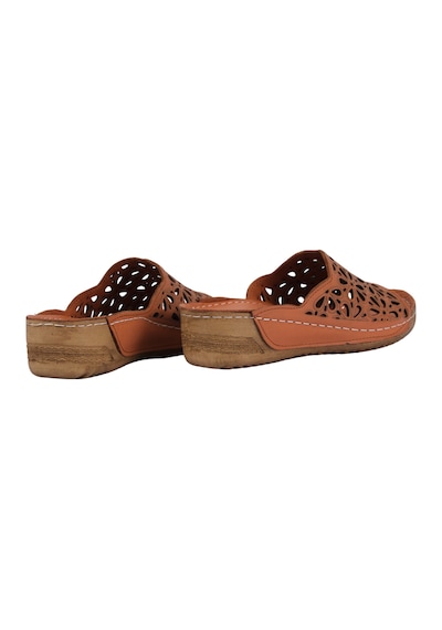 Napa Shoes Lazer Kesim Hakiki Deri Delikli Ortopedik Rahat Taban Kadın Terlik Napa-226 Taba
