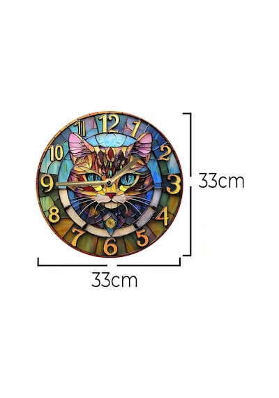 Sessiz Yuvarlak Ahşap Duvar Saati, Kuvars Hareketli 2d Kedi Desen Sdw021 Renkli
