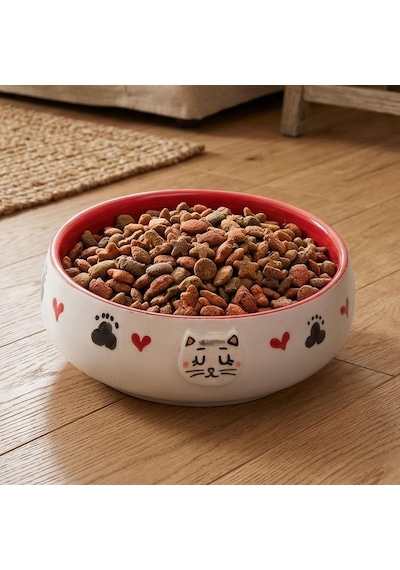 Lüks Seramik Mama Kabı Pati Kedi Köpek Kalp Desen Kabartmalı Doğal Renkli Kedi Ve Köpek Yemek Su Kasesi, Devrilmez Premium Dekoratif Porselen Yapı 1 Adet Tekli Kırmızı
